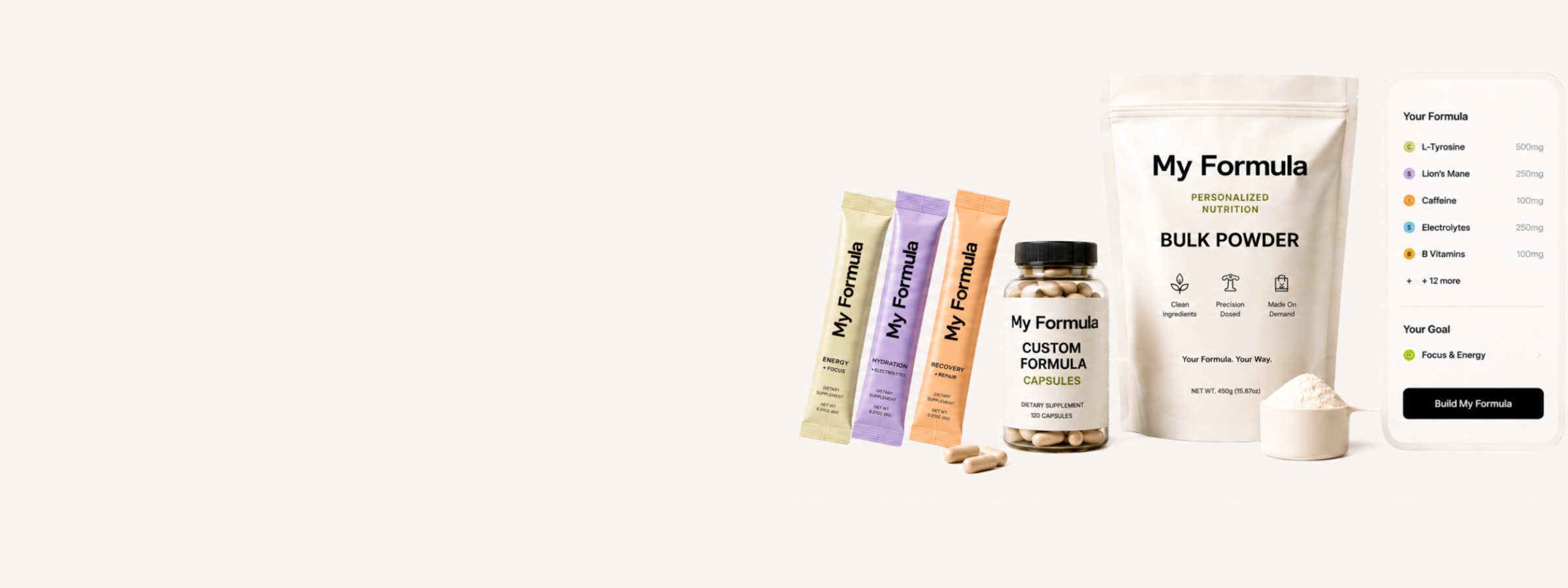 Personalized formula products with stick packs, capsules, bulk powder, and formula builder card